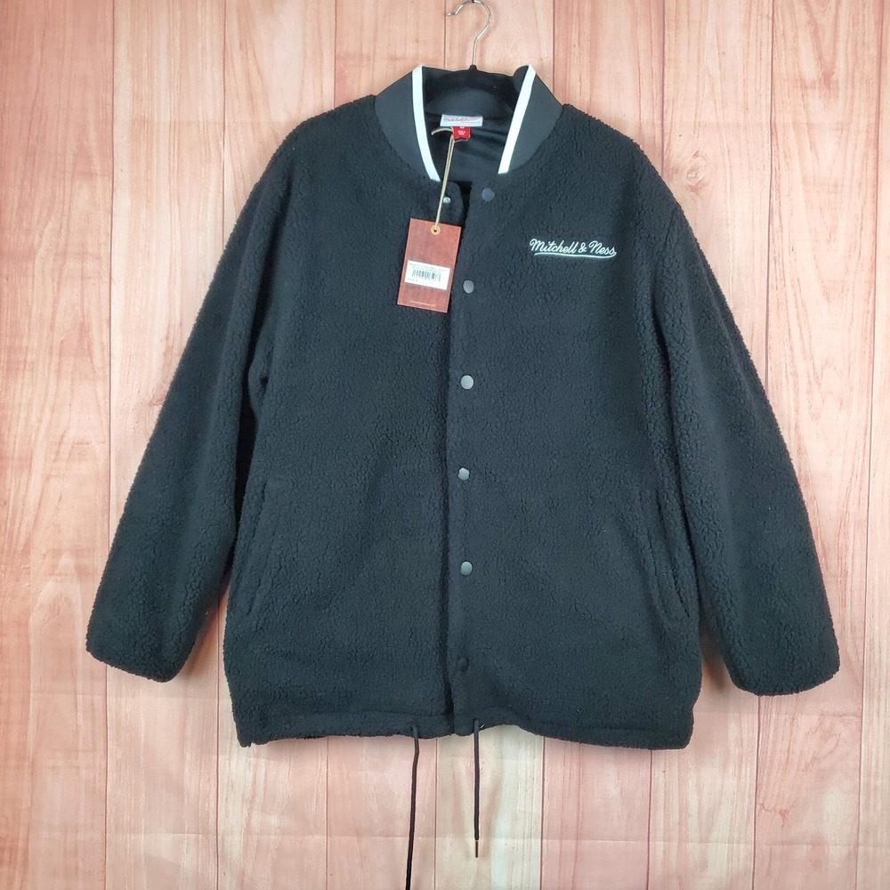 Mitchell & Ness Mens Branded Coachable Jacket Sz Large Black Polyester Fleece